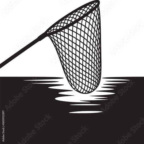 A black and white image of a fishing net with a long handle dipping into a body of water illustration