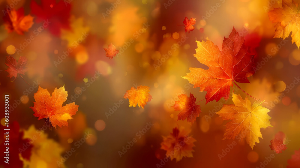 Abstract autumn background with blurred red, orange and yellow maple leaves and subtle bokeh light effects Abstract autumn background with blurred red, orange and yellow maple leaves and subtle bokeh light effects