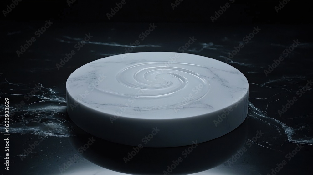 Fototapeta premium A white marble sphere with a spiral pattern sits on a black marble surface.