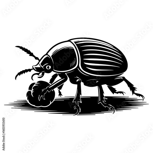 Black and white vector illustration of a dung beetle in a linocut or woodcut style for Nature Enthusiasts and Insect Art Collectors