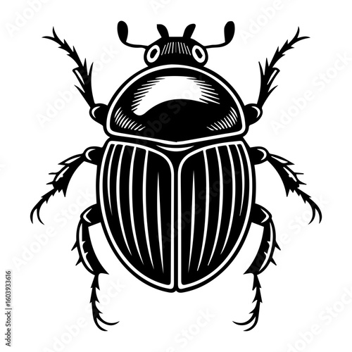 Black and white vector illustration of a dung beetle in a linocut or woodcut style for Nature Enthusiasts and Insect Art Collectors