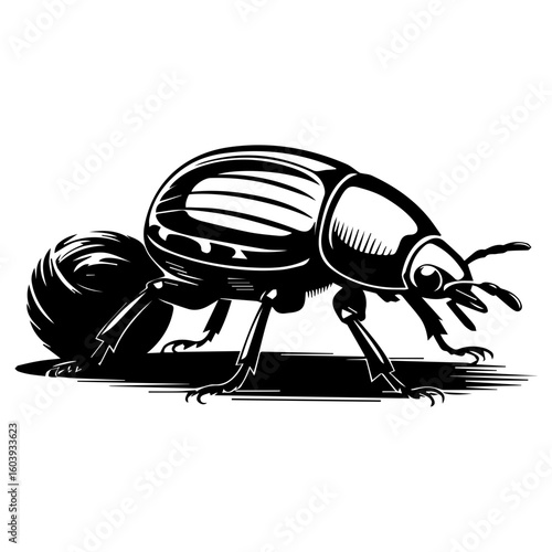 Black and white vector illustration of a dung beetle in a linocut or woodcut style for Nature Enthusiasts and Insect Art Collectors