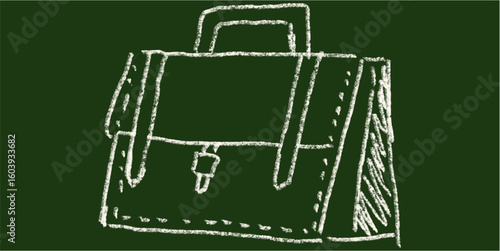 Chalk hand-drawn briefcase icon on green chalkboard background. Simple doodle vector representing business, work, office, career, finance, job, and professional tools.