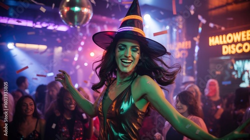 Woman in Witch Costume Dancing at a Halloween Disco Party