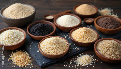A Rich and Diverse Collection of Healthy Grains and Seeds, Including Various Shades of White, Black, Brown, and Golden Varieties, Neatly Arranged in Wooden Bowls and Piles on a Dark Slate Board 