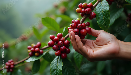 A Human Hand Gently Holding and Inspecting Clusters of Ripe, Red Coffee Cherries Directly on the Branch of a Lush Coffee Plant, Surrounded by Verdant Green Leaves in a Misty Plantation Setting.