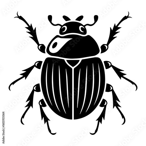 Black and white vector illustration of a dung beetle in a linocut or woodcut style for Nature Enthusiasts and Insect Art Collectors