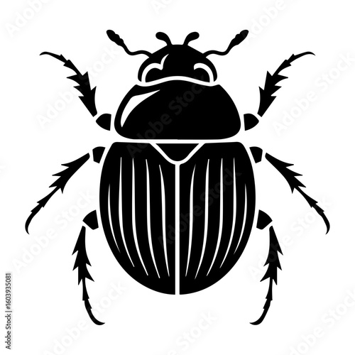 Black and white vector illustration of a dung beetle in a linocut or woodcut style for Nature Enthusiasts and Insect Art Collectors
