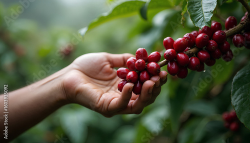 A Human Hand Gently Cupping and Inspecting Ripe, Red Coffee Cherries Directly on the Branch of a Lush Coffee Plant, Surrounded by Fresh Green Leaves in a Natural Plantation Setting.