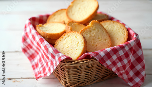 A Rustic Wicker Basket Filled with Freshly Baked Golden Slices of Bread, Adorned with a Classic Red and White Gingham Cloth, Resting on a White Wooden Table.
