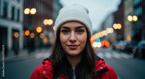 Wallpaper Mural Portrait of a young woman in a white beanie and red jacket on a city street Torontodigital.ca