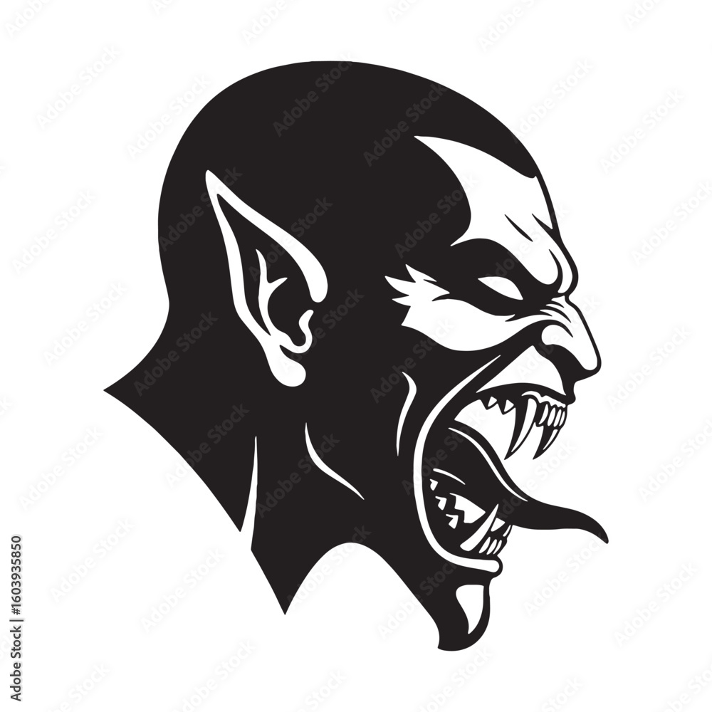 Naklejka premium A twisted grin beneath horns – Demon silhouette completed in cursed Demon vector – Demon illustration – Halloween silhouette