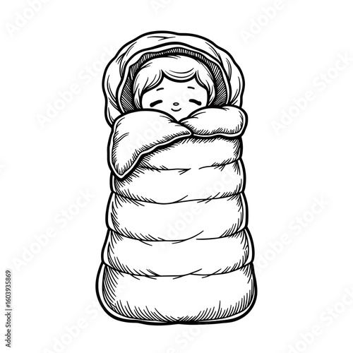 Eco sleeping bag coloring page with nature icon, kid-friendly design