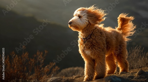 A golden doodle dog standing majestically on a rocky slope with the wind in its fur.