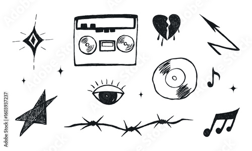 Grunge punk rock set. Doodle music elements, tattoo crayon sketch, eye, lightning, heart, star, vinyl record, tape recorder, grafitti icons, heart, barbed wire, star. Isolated vector illustration.