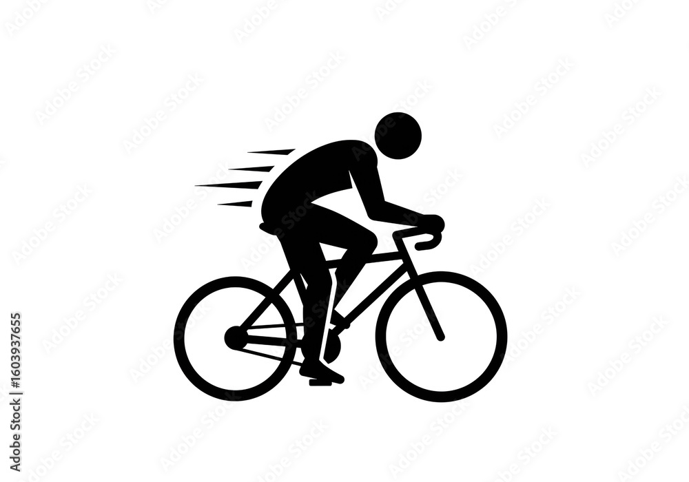 Fototapeta premium A simple black silhouette of a cyclist riding a bicycle with motion lines on white background