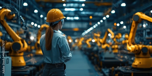 A factory assembly line worker, symbolizing the labor market changes caused by the technological impacts of the trade war, with automated robots in the background.
