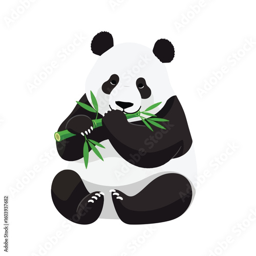 Cartoon panda bear happily eating bamboo.