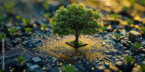 A tree growing on an electronic circuit board, representing the integration of nature and technology for sustainability.