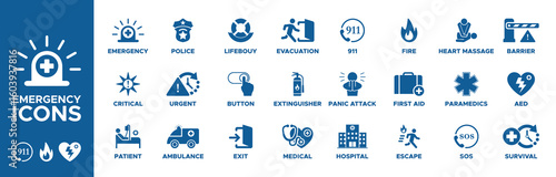 Emergency icon set. emergency, critical, patient, ambulance, urgent, police, lifebouy, button, exit, medical, extinguisher, evacuation, 911, panic attack, hospital, sos icons. Solid icon collection.