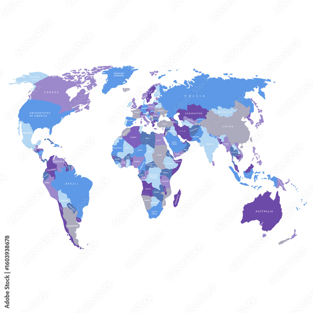 Fototapeta premium World map. Blue political map of the world cut out of paper on white background. Countries. Vector