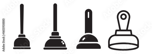 Plunger Icon Set. Diverse Handle and Suction Cup Designs for Plumbing & Utility Graphics.