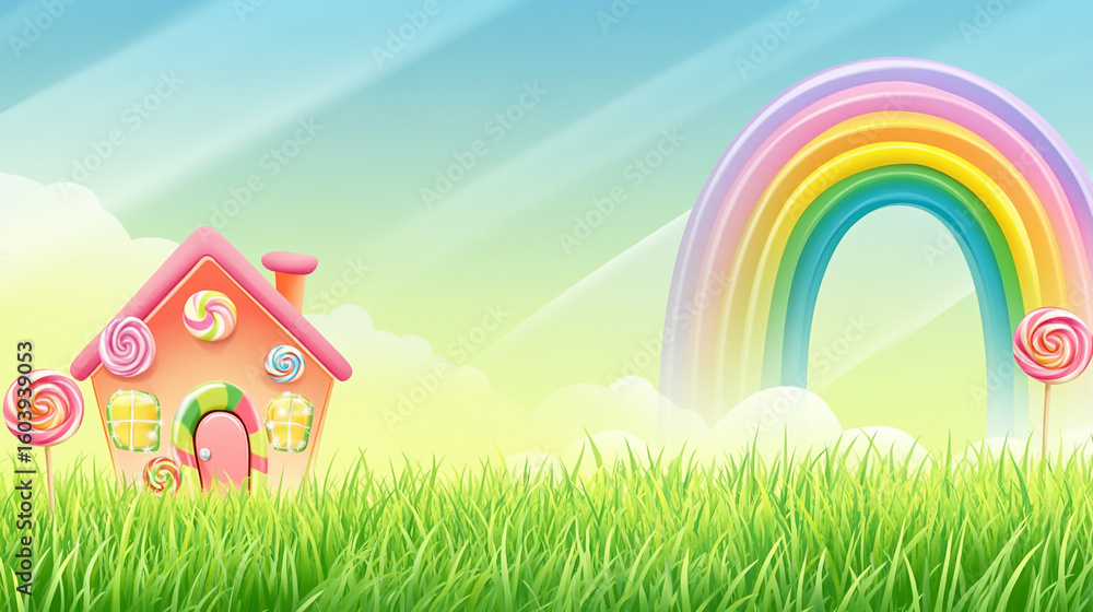 Fototapeta premium Candy house in grassy field rainbow sky lollipops