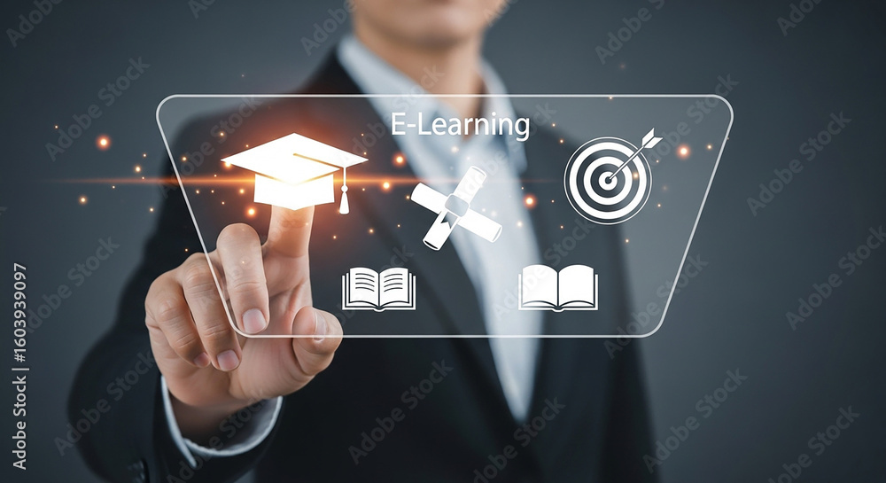 © vision code - Businessman holding glowing graduation cap with education icons representing digital learning knowledge development and online training