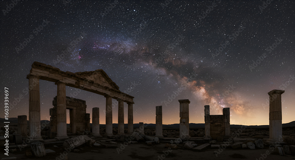 Fototapeta premium Ancient ruins under a starry night sky