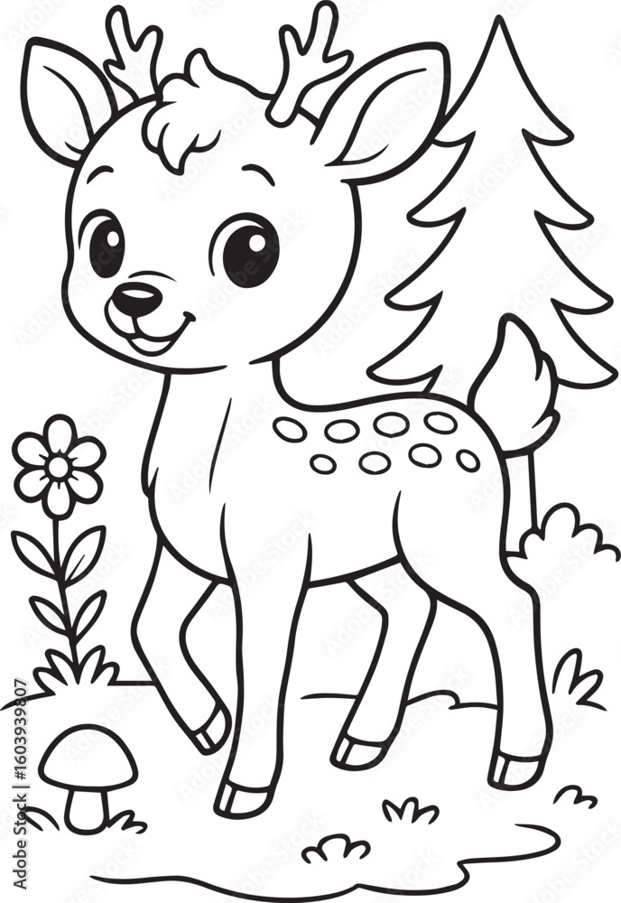 Obraz premium Cute baby deer standing quietly in a forest surrounded by trees silhouette vector and coloring page outline