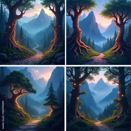 Dreamy mountain landscape with glowing trees