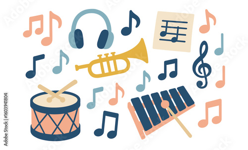 Colorful musical icons with instruments and notes