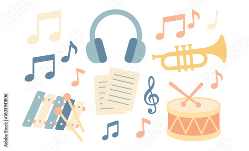 Colorful musical elements: instruments and notes in modern flat style