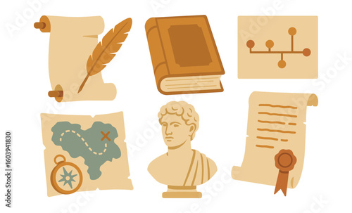 Vintage history elements with scrolls, compass, and bust