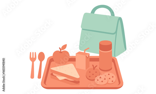 Colorful flat style school lunch with backpack and snacks on tray