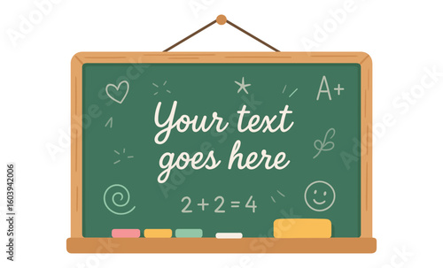 Chalkboard design with customizable text and chalk doodles for classroom or education themed projects