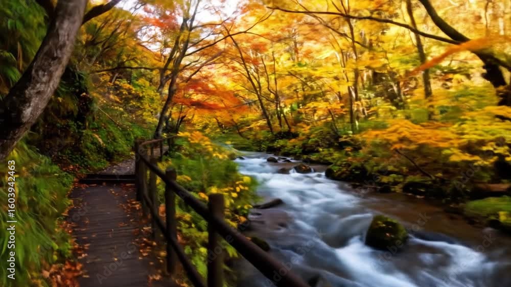 Autumn Forest Creek With Wooden Path Autumn Forest Creek With Wooden Path