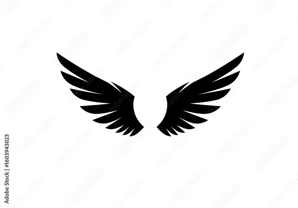 Stylized Black Wings Spread Symmetrically on White Background – Symbol of Flight, Power, and Elegance Stylized Black Wings Spread Symmetrically on White Background – Symbol of Flight, Power, and Elegance