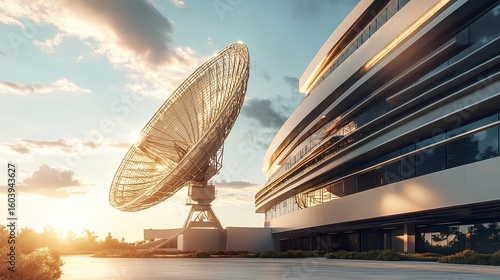 Fototapeta Naklejka Na Ścianę i Meble -  Satellite and Modern Architecture: Captivating image featuring a cutting-edge satellite dish set against a modern architectural masterpiece under a vast sky.