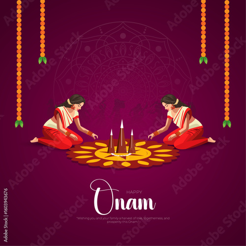 Happy Onam Post and Greeting Card. Minimal and Modern Onam Festival Poster and Flyer Template with Text and Onam Boat Race Vector Illustration