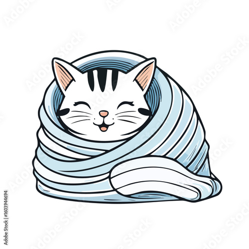 A cute sleeping cat cuddled in yarn ball with stars around, peaceful and cozy.