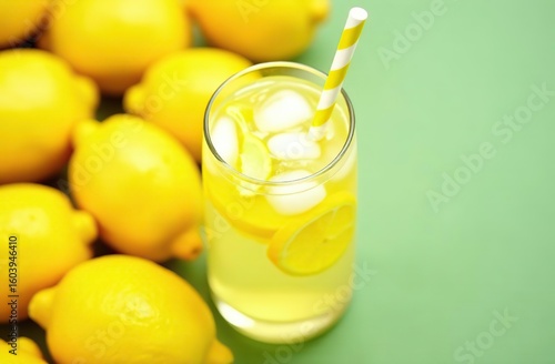 Cold Lemonade with ice and cocktail tube. Summer drink with lemons and empty space for text. Perfect ads branding banner for Summer drink with glass of fresh Lemonade.