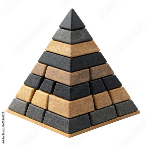 Wooden Pyramid Puzzle Stackable Blocks Educational Toy Montessori Style Geometric Design on transparent background