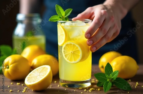 Summer cold Drink. Woman hand hold a glass of Lemonade. Non alcoholic beverage banner.  Lemonade with mint and ice. Perfect Summer Drink ads branding poster banner for restaurant cafe