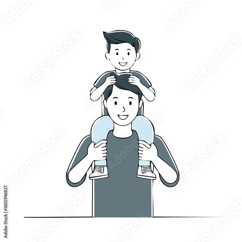 Father and son bonding moment, child riding on dad’s shoulders happily
