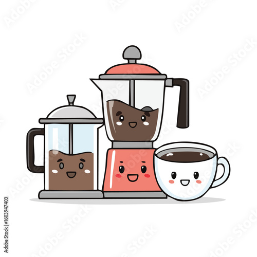 Cute coffee tools with happy faces, including moka pot, cup, and french press