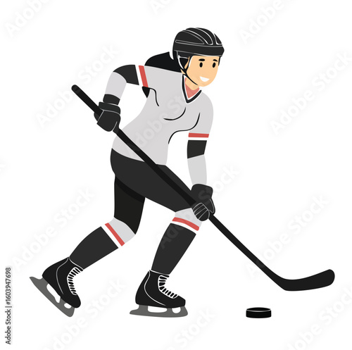 Female ice hockey player skating with a stick and puck, focused and energetic during a game on the ice rink in full gear