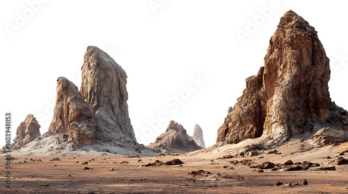 Two large rock monoliths in a desert landscape under a white sky isolated on transparent background