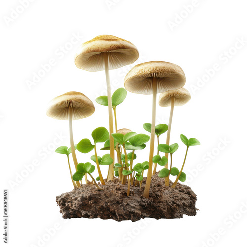 Isolated Mushroom Cluster Delight Fantasy Fungi with Lush Greenery Macro Photography Natural on transparent background