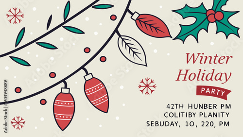 Vector invitation design for a winter holiday party featuring Christmas lights, snow background, event details, and festive decorations.

